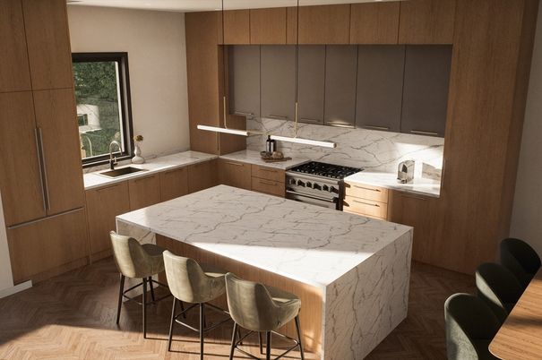 Interior, Kitchen, Marble Walls, Stainless Steel Appliances, Wood Texture Flooring