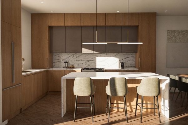 Interior, Kitchen, Marble Walls, Pendant Lights, Recessed Lighting, Wood Texture Flooring