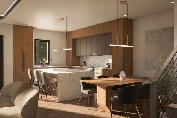 Dining room, Interior, Kitchen, Marble Walls, Pendant Lights, Recessed Lighting, Wood Texture Flooring