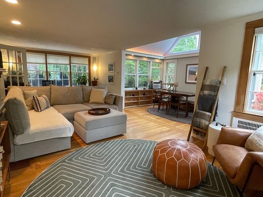 Dining room, Interior, Living room, Recessed Lighting, Wood Texture Flooring
