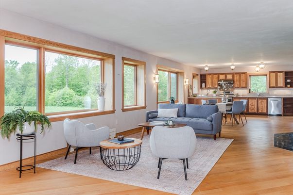 Dining room, Interior, Kitchen, Living room, Stainless Steel Appliances, Wood Texture Flooring