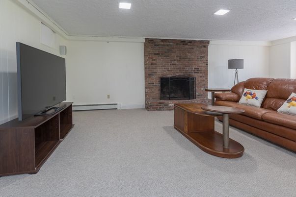 Fireplace, Interior, Living room, Recessed Lighting, Stone Walls