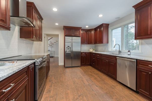 Interior, Kitchen, Recessed Lighting, Stainless Steel Appliances, Wood Texture Flooring
