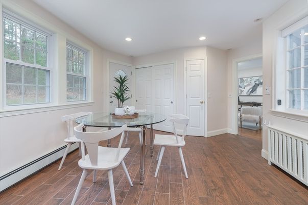 Dining room, Interior, Recessed Lighting, Wood Texture Flooring