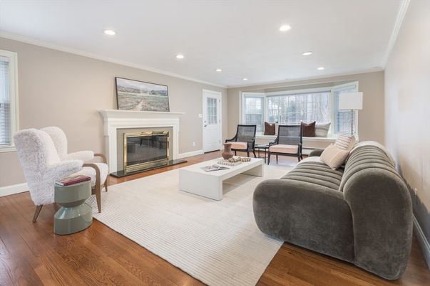 Fireplace, Interior, Living room, Recessed Lighting, Wood Texture Flooring
