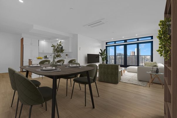 Dining room, Interior, Living room, Recessed Lighting, Wood Texture Flooring