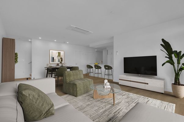 Dining room, Interior, Living room, Recessed Lighting, Wood Texture Flooring