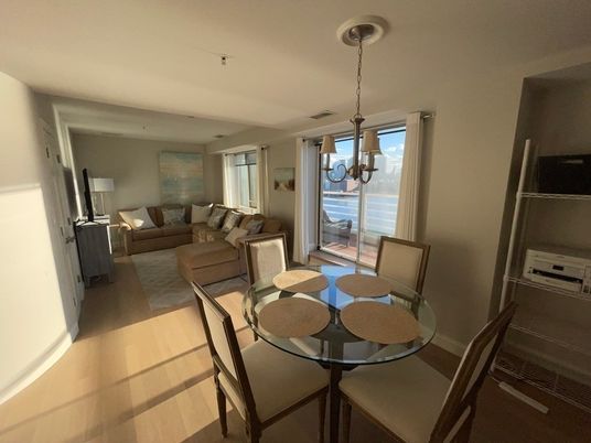 Dining room, Interior, Living room, Pendant Lights, Wood Texture Flooring