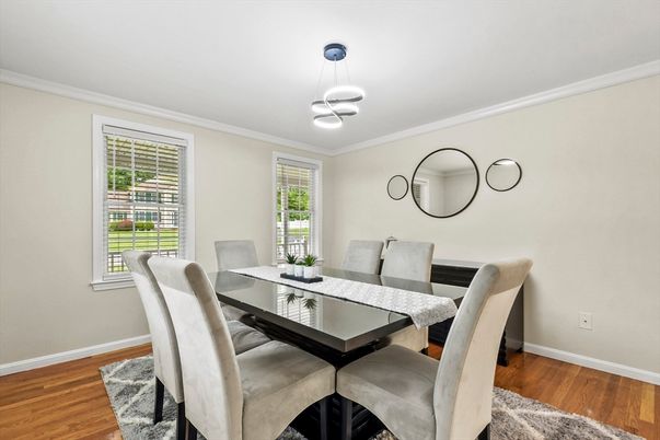 Dining room, Interior, Pendant Lights, Wood Texture Flooring