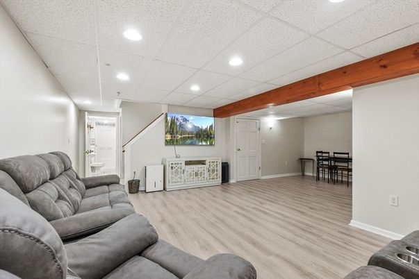 Dining room, Interior, Living room, Recessed Lighting, Wooden Beams, Wood Texture Flooring