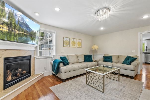 Fireplace, Interior, Living room, Recessed Lighting, Wood Texture Flooring