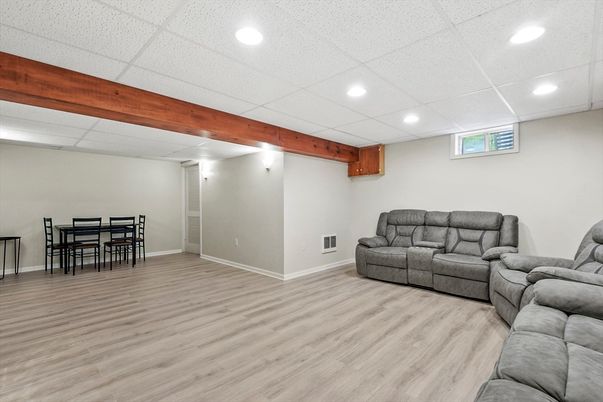 Dining room, Interior, Recessed Lighting, Wooden Beams, Wood Texture Flooring