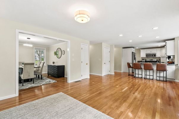 Dining room, Interior, Kitchen, Pendant Lights, Recessed Lighting, Stainless Steel Appliances, Wood Texture Flooring
