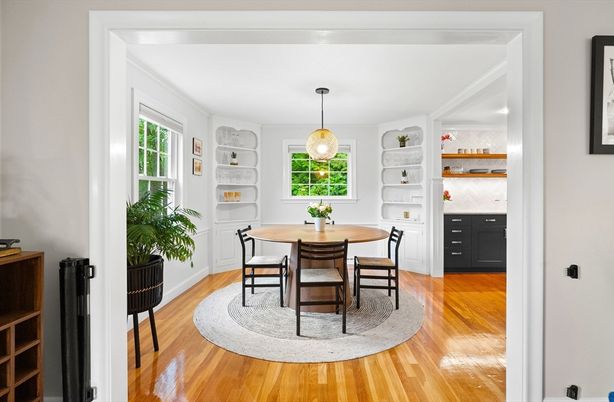 Dining room, Interior, Pendant Lights, Wood Texture Flooring