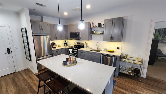 Interior, Kitchen, Pendant Lights, Recessed Lighting, Stainless Steel Appliances, Wood Texture Flooring