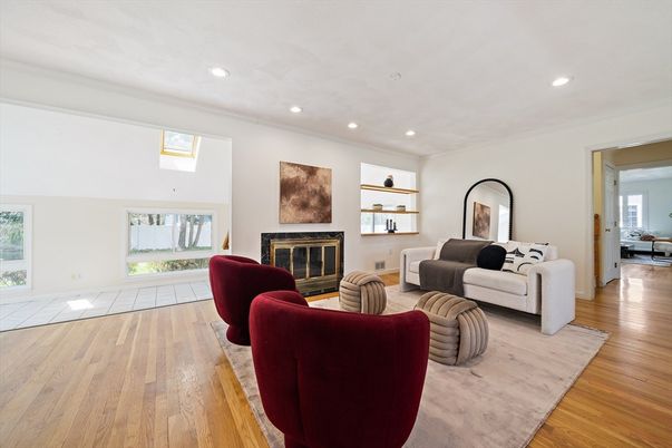 Fireplace, Interior, Living room, Recessed Lighting, Wood Texture Flooring