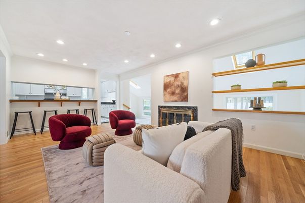 Fireplace, Interior, Living room, Recessed Lighting, Wood Texture Flooring