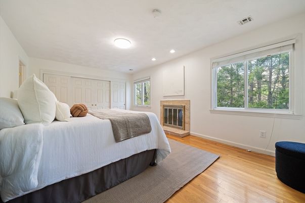 Bedroom, Fireplace, Interior, Recessed Lighting, Wood Texture Flooring