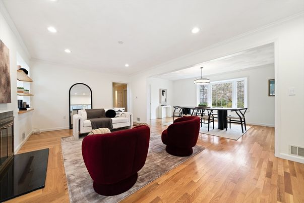 Dining room, Fireplace, Interior, Living room, Pendant Lights, Recessed Lighting, Wood Texture Flooring