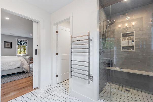Bathroom, Bedroom, Glass Shower, Interior, Recessed Lighting, Wood Texture Flooring