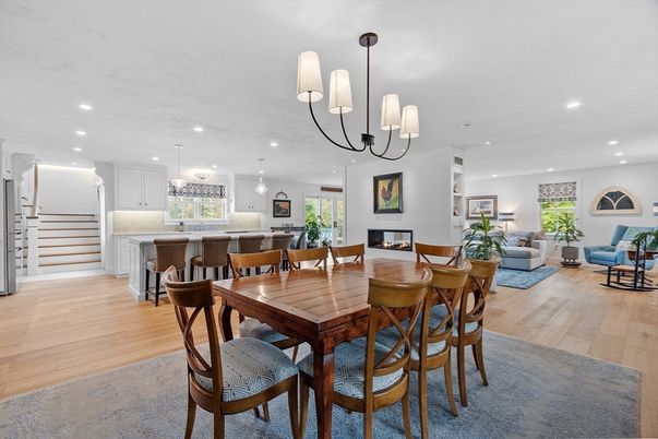 Dining room, Fireplace, Interior, Kitchen, Living room, Pendant Lights, Recessed Lighting, Wood Texture Flooring