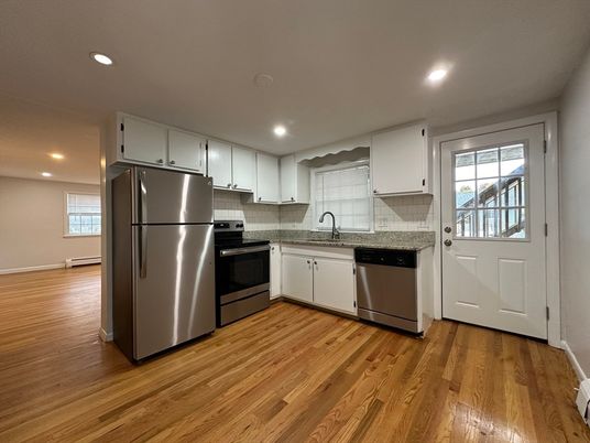 Interior, Kitchen, Recessed Lighting, Stainless Steel Appliances, Wood Texture Flooring