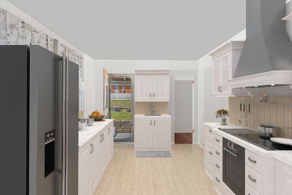 Interior, Kitchen, Tile Countertops, Wood Texture Flooring