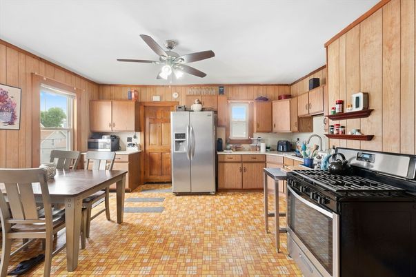 Dining room, Interior, Kitchen, Stainless Steel Appliances, Wooden Walls