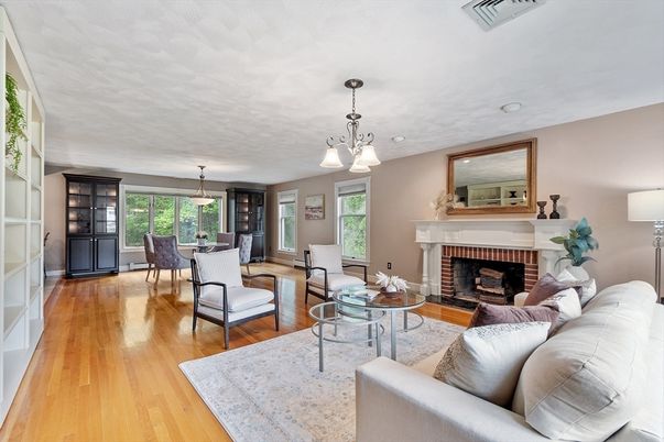 Dining room, Fireplace, Interior, Living room, Pendant Lights, Wood Texture Flooring