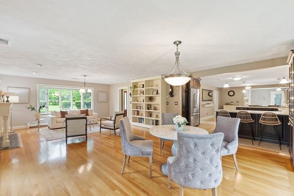 Dining room, Interior, Kitchen, Living room, Pendant Lights, Stainless Steel Appliances, Wood Texture Flooring
