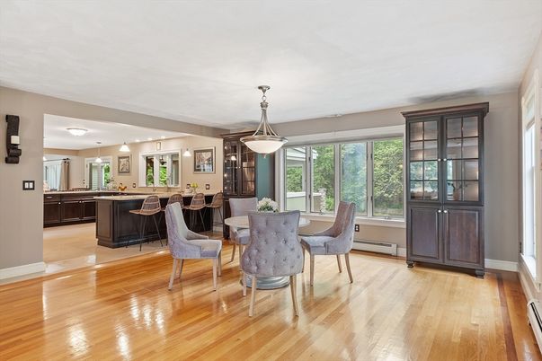 Dining room, Interior, Pendant Lights, Wood Texture Flooring