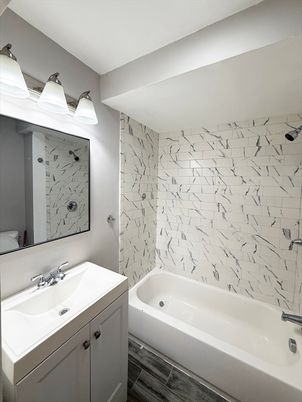 Bathroom, Interior, Marble Walls, Wood Texture Flooring