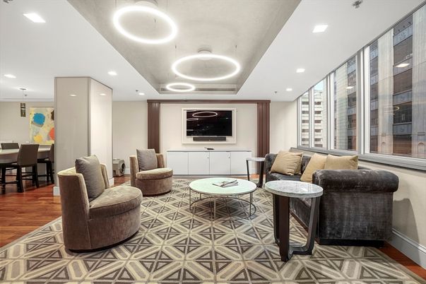 Dining room, Interior, Living room, Pendant Lights, Recessed Lighting, Wood Texture Flooring