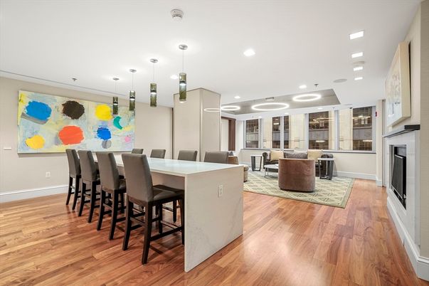 Dining room, Interior, Living room, Pendant Lights, Recessed Lighting, Wood Texture Flooring