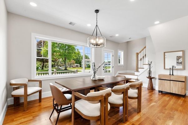 Dining room, Interior, Pendant Lights, Recessed Lighting, Wood Texture Flooring