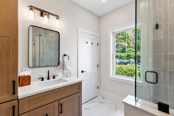 Bathroom, Glass Shower, Interior, Marble, Recessed Lighting