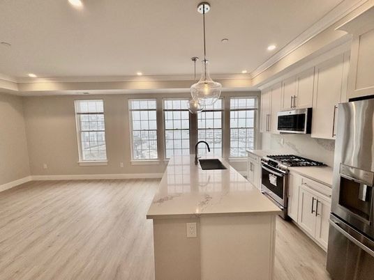 Interior, Kitchen, Pendant Lights, Recessed Lighting, Stainless Steel Appliances, Wood Texture Flooring