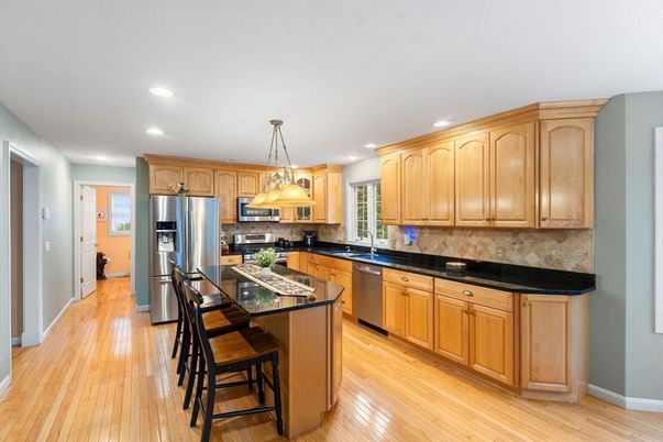 Dining room, Interior, Kitchen, Pendant Lights, Recessed Lighting, Stainless Steel Appliances, Wood Texture Flooring