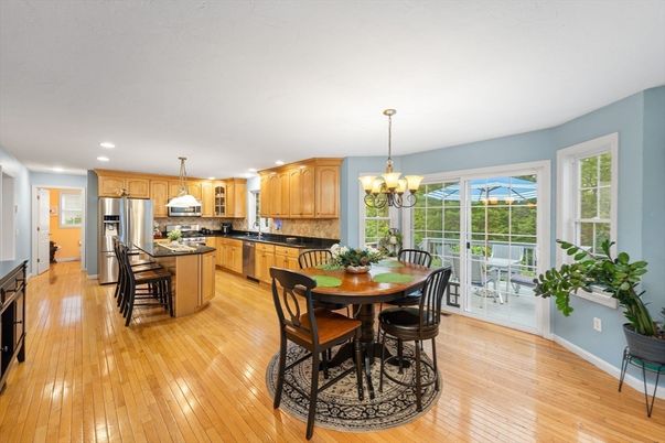 Chandelier, Dining room, Interior, Kitchen, Recessed Lighting, Stainless Steel Appliances, Wood Texture Flooring
