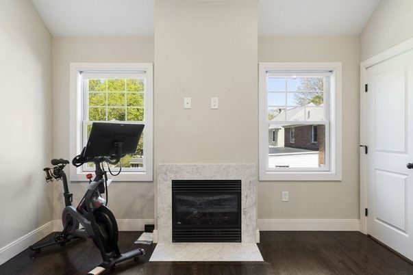Fireplace, Fitness Equipment, Interior, Wood Texture Flooring