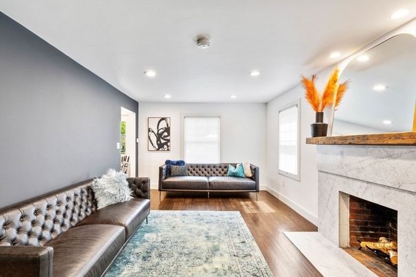 Fireplace, Interior, Living room, Recessed Lighting, Wood Texture Flooring