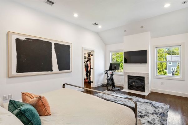 Bedroom, Fireplace, Fitness Equipment, Interior, Recessed Lighting, Wood Texture Flooring