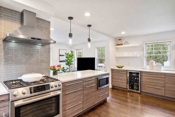 Interior, Kitchen, Pendant Lights, Recessed Lighting, Stainless Steel Appliances, Wood Texture Flooring