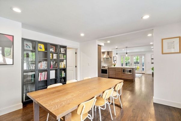 Dining room, Interior, Kitchen, Pendant Lights, Recessed Lighting, Stainless Steel Appliances, Wood Texture Flooring