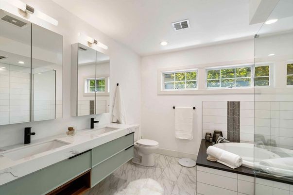 Bathroom, Dual Sink Vanities, Glass Shower, Interior, Marble, Recessed Lighting