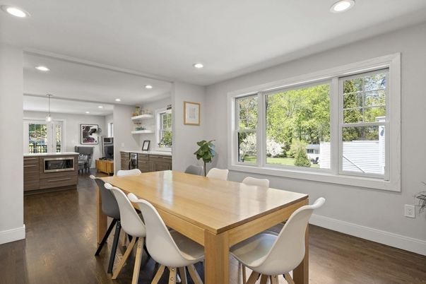Dining room, Interior, Pendant Lights, Recessed Lighting, Wood Texture Flooring