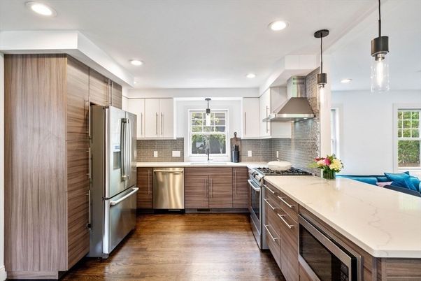 Interior, Kitchen, Pendant Lights, Recessed Lighting, Stainless Steel Appliances, Wood Texture Flooring