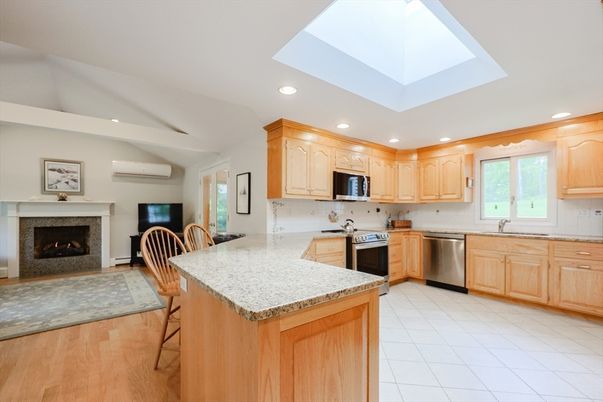 Fireplace, Interior, Kitchen, Recessed Lighting, Stainless Steel Appliances