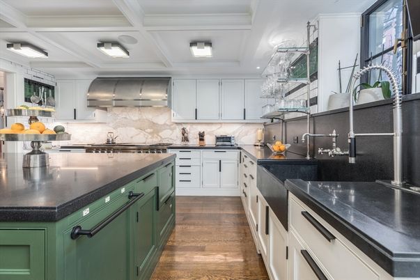 Interior, Kitchen, Marble Walls, Recessed Lighting, Wood Texture Flooring