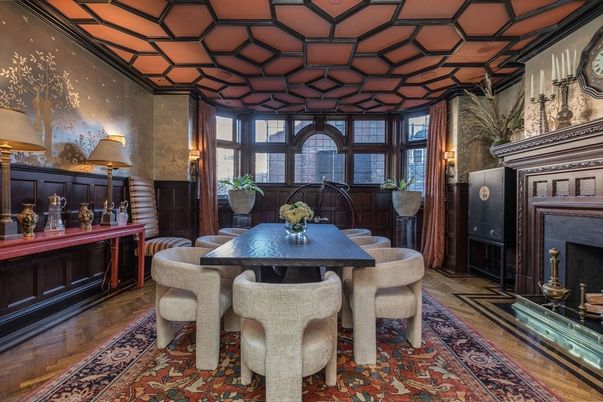 Dining room, Fireplace, Interior, Wood Texture Flooring